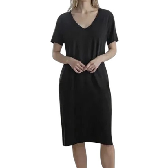 Côtelac Dresses & Skirts - COTELAC Black V Neck Midi Sheath Dress Women's Sz Small Minimalist Career Pocket